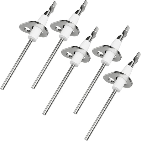 Five 0130F00010 flame sensors with metal rods and white ceramic insulators arranged in a group.