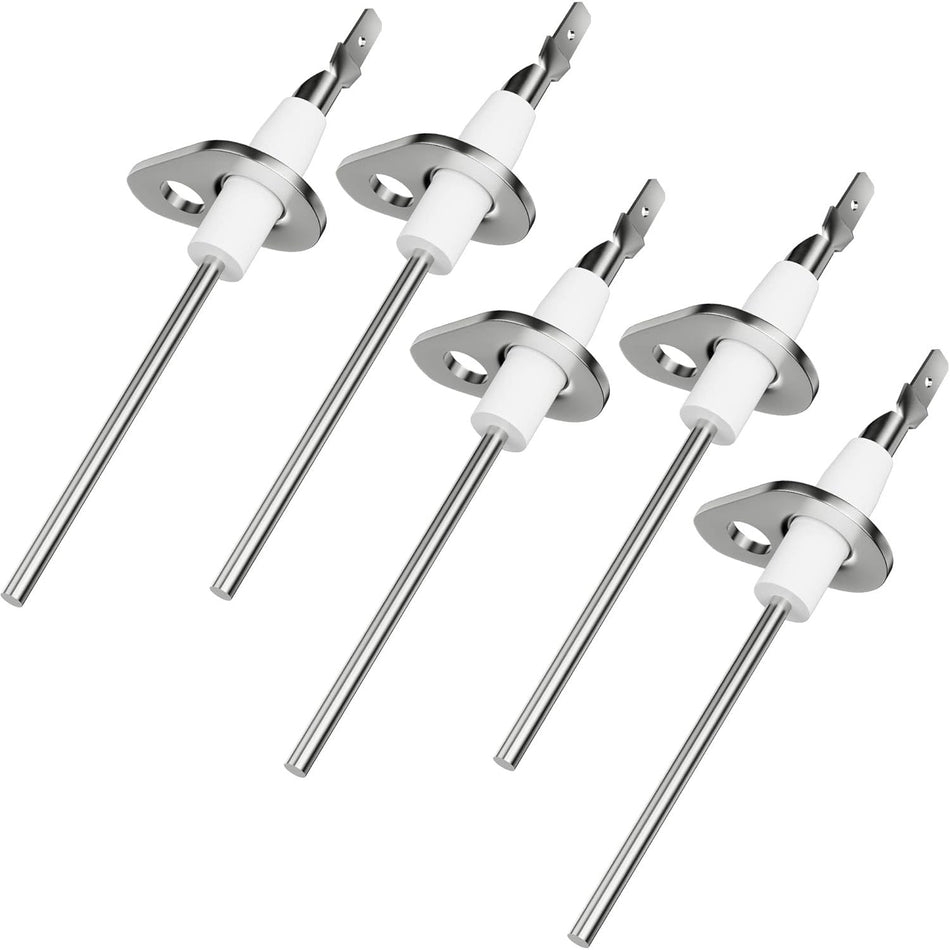 Five 0130F00010 flame sensors with metal rods and white ceramic insulators arranged in a group.