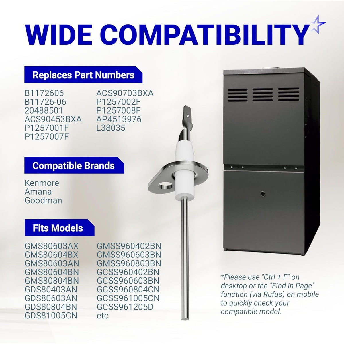 0130F00010 flame sensor compatibility chart showing compatible furnace brands, part numbers, and model numbers.