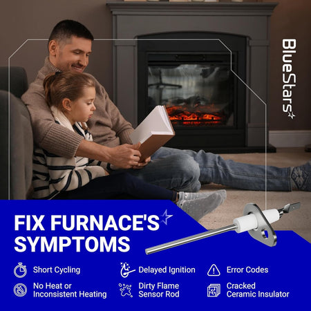 0130F00010 flame sensor replacement part shown with furnace troubleshooting symptoms for heating repair.