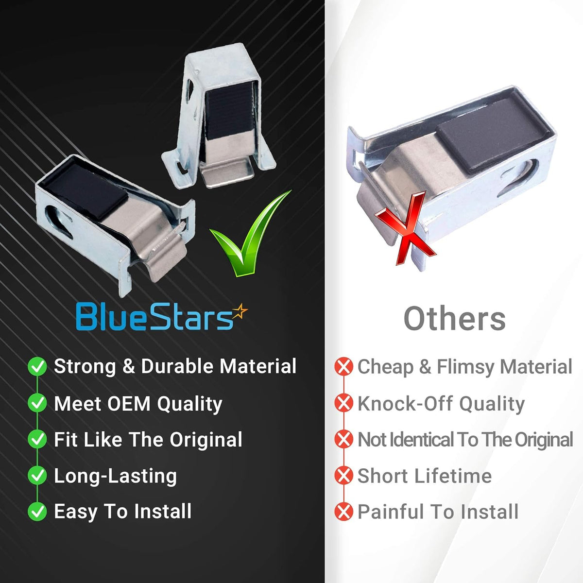 Comparison chart showing W10111905 dryer door catch quality versus generic alternatives.