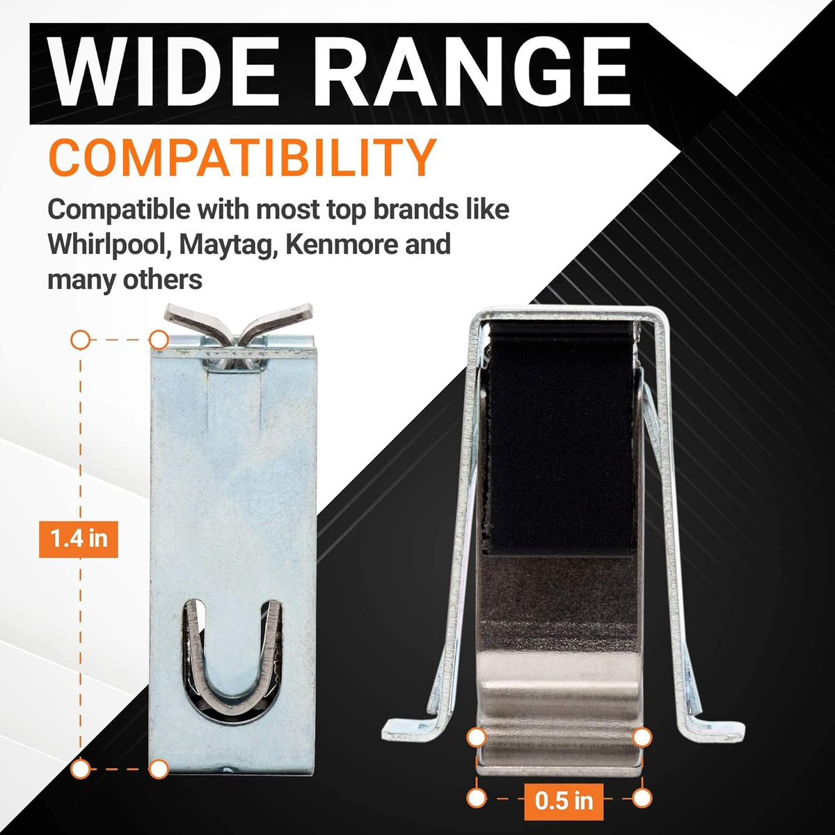 W10111905 dryer door catch showing dimensions and compatibility for Whirlpool and Kenmore dryers.