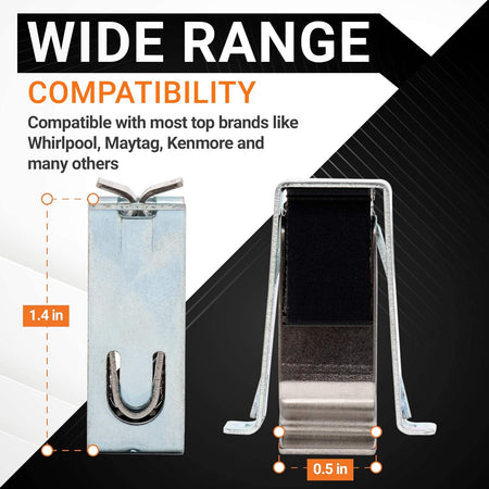 W10111905 dryer door catch showing dimensions and compatibility for Whirlpool and Kenmore dryers.