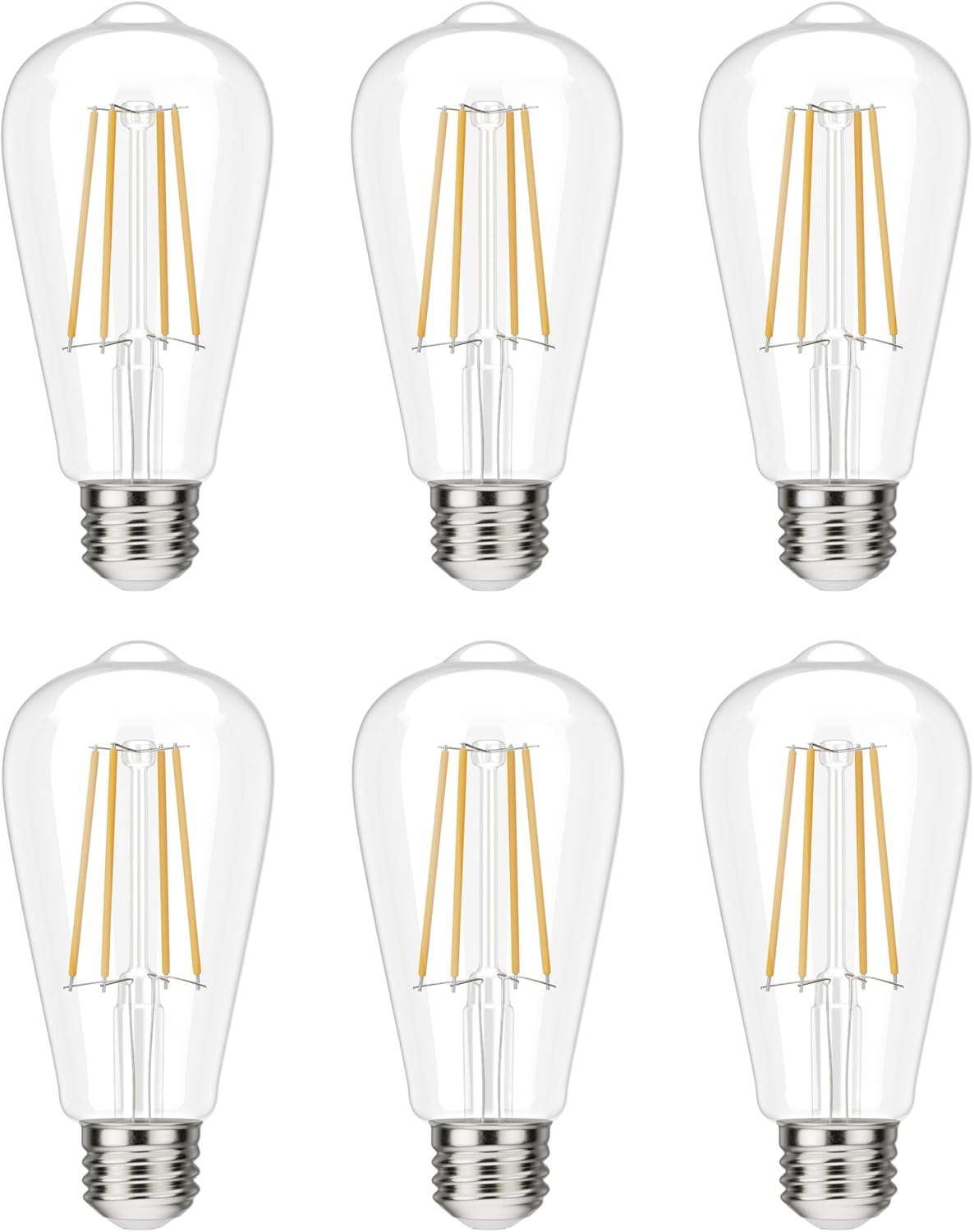 Set of six vintage ST58 LED filament Edison light bulbs with E26 medium bases.
