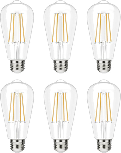 Set of six vintage ST58 LED filament Edison light bulbs with E26 medium bases.