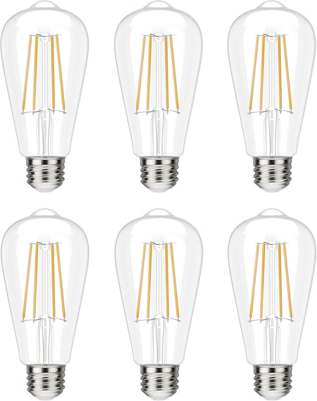 Set of six vintage ST58 LED filament Edison light bulbs with E26 medium bases.