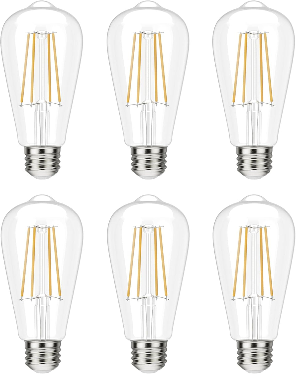 Set of six vintage ST58 LED filament Edison light bulbs with E26 medium bases.