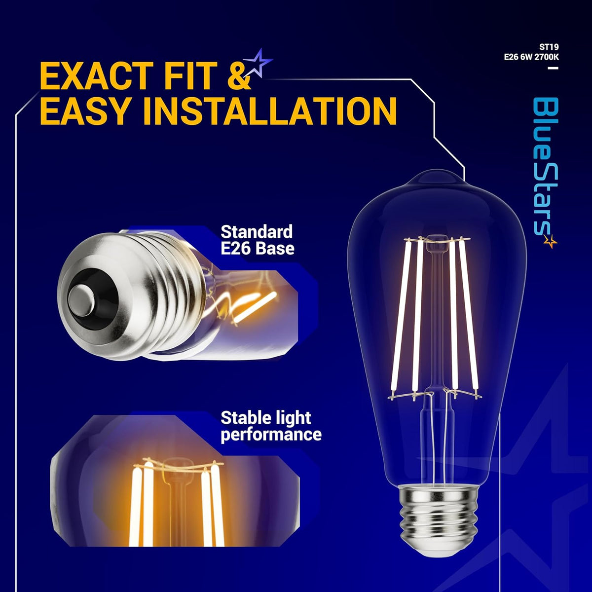 Infographic showing ST19 LED filament bulb with standard E26 medium base and stable light performance features.