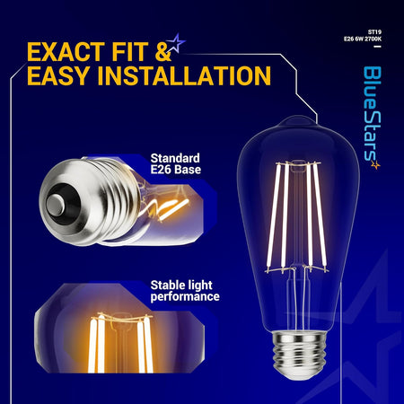 Infographic showing ST19 LED filament bulb with standard E26 medium base and stable light performance features.