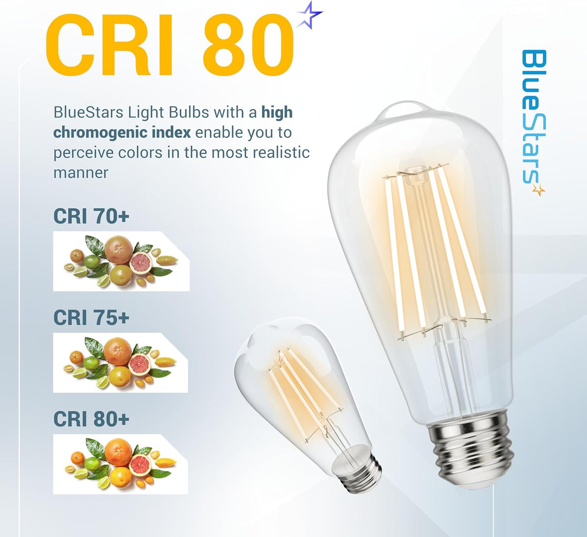 Infographic showing BlueStars ST58 ST19 LED Edison light bulbs with CRI 80 color rendering comparison.
