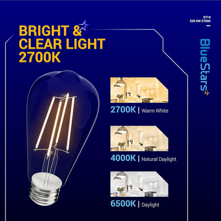 ST19 LED filament Edison bulb with E26 base showing 2700K warm white light comparison chart.
