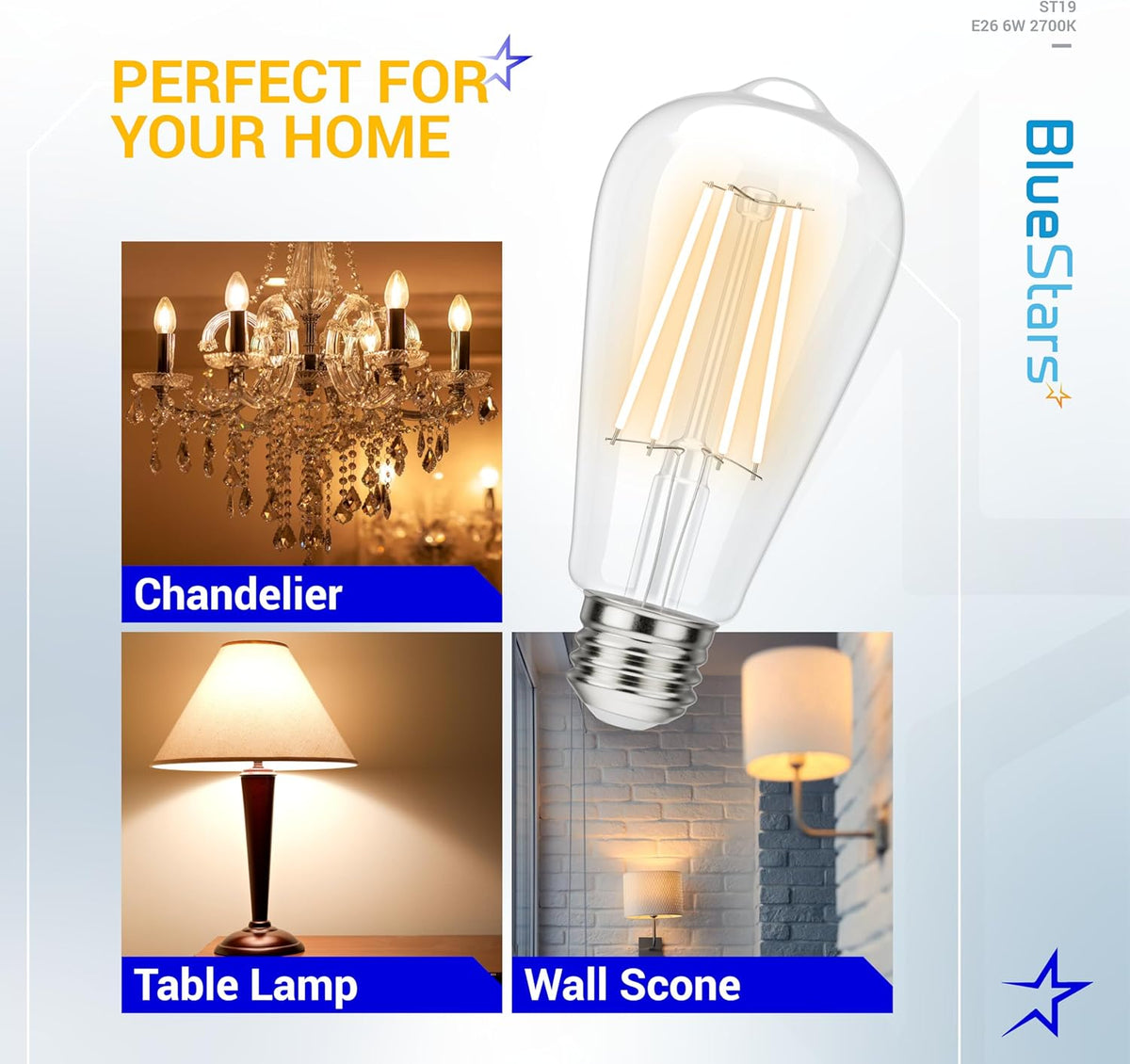Vintage ST19 LED filament Edison light bulb with E26 base shown in a lifestyle collage with chandelier and lamps.
