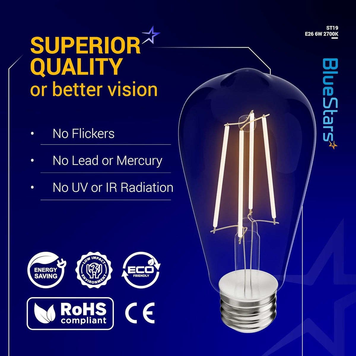 Infographic showing ST19 LED filament Edison light bulb features and E26 medium base specifications.