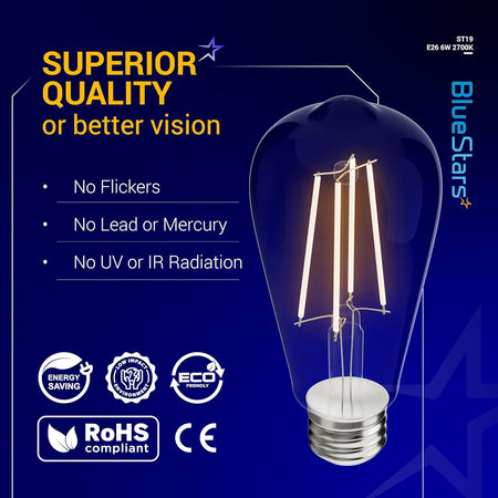 Infographic showing ST19 LED filament Edison light bulb features and E26 medium base specifications.