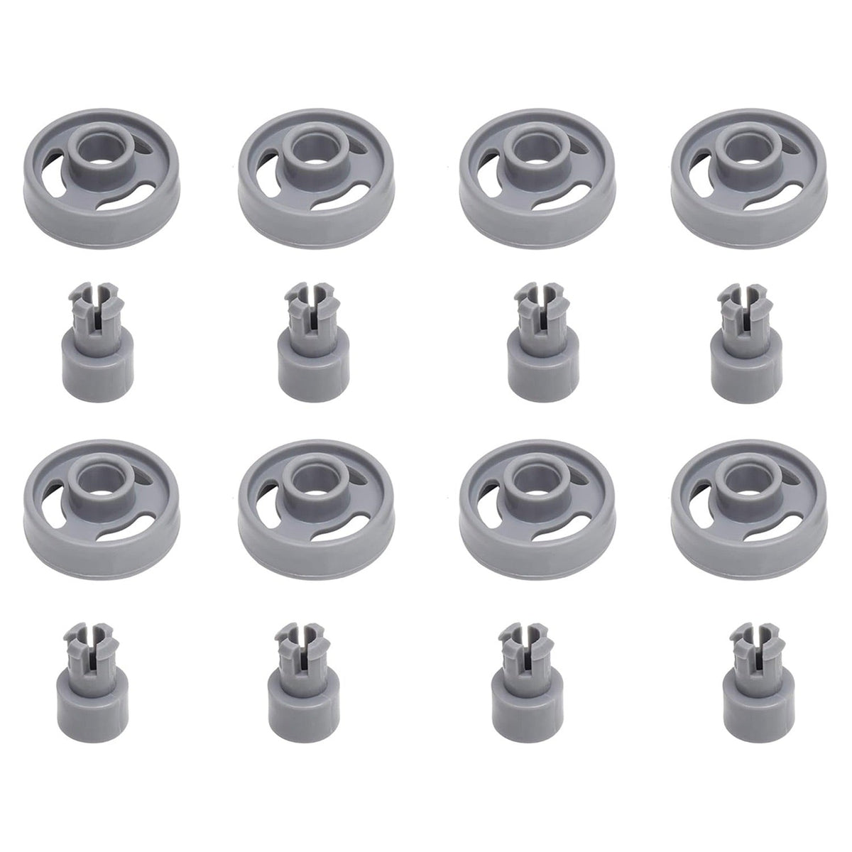 Set of 8 grey dishwasher lower rack wheels and matching studs for GE dishwashers.