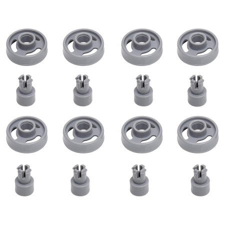 Set of 8 grey dishwasher lower rack wheels and matching studs for GE dishwashers.