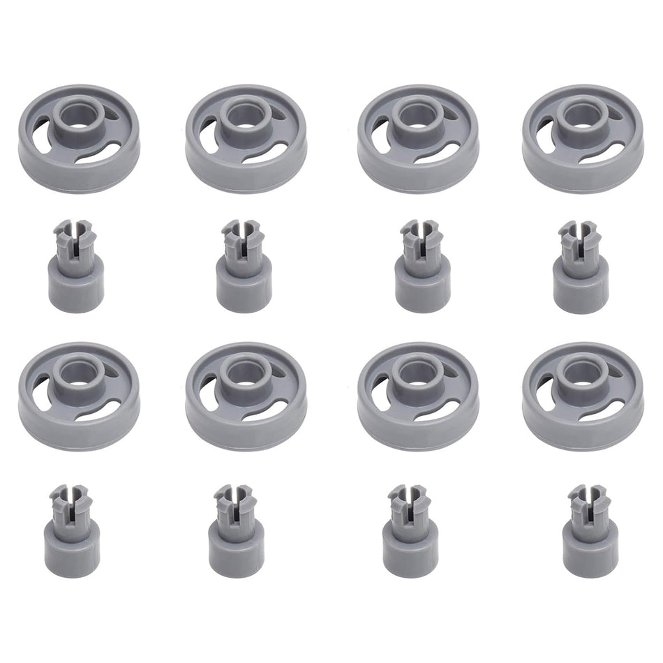 Set of 8 grey dishwasher lower rack wheels and matching studs for GE dishwashers.