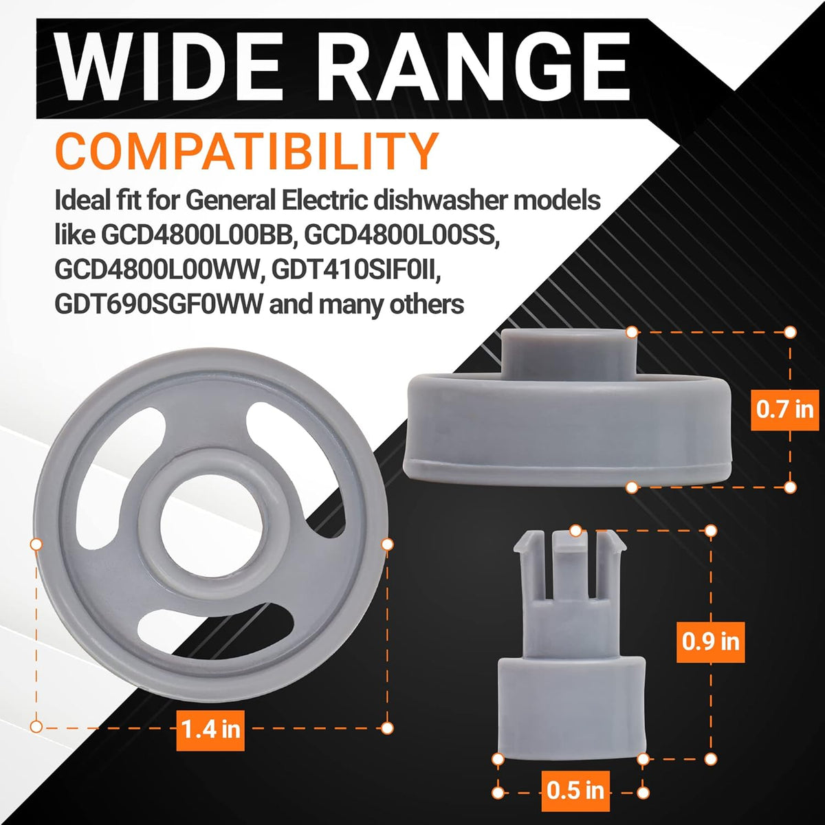 WD12X10231 dishwasher lower rack wheel and stud showing dimensions and GE dishwasher compatibility information.
