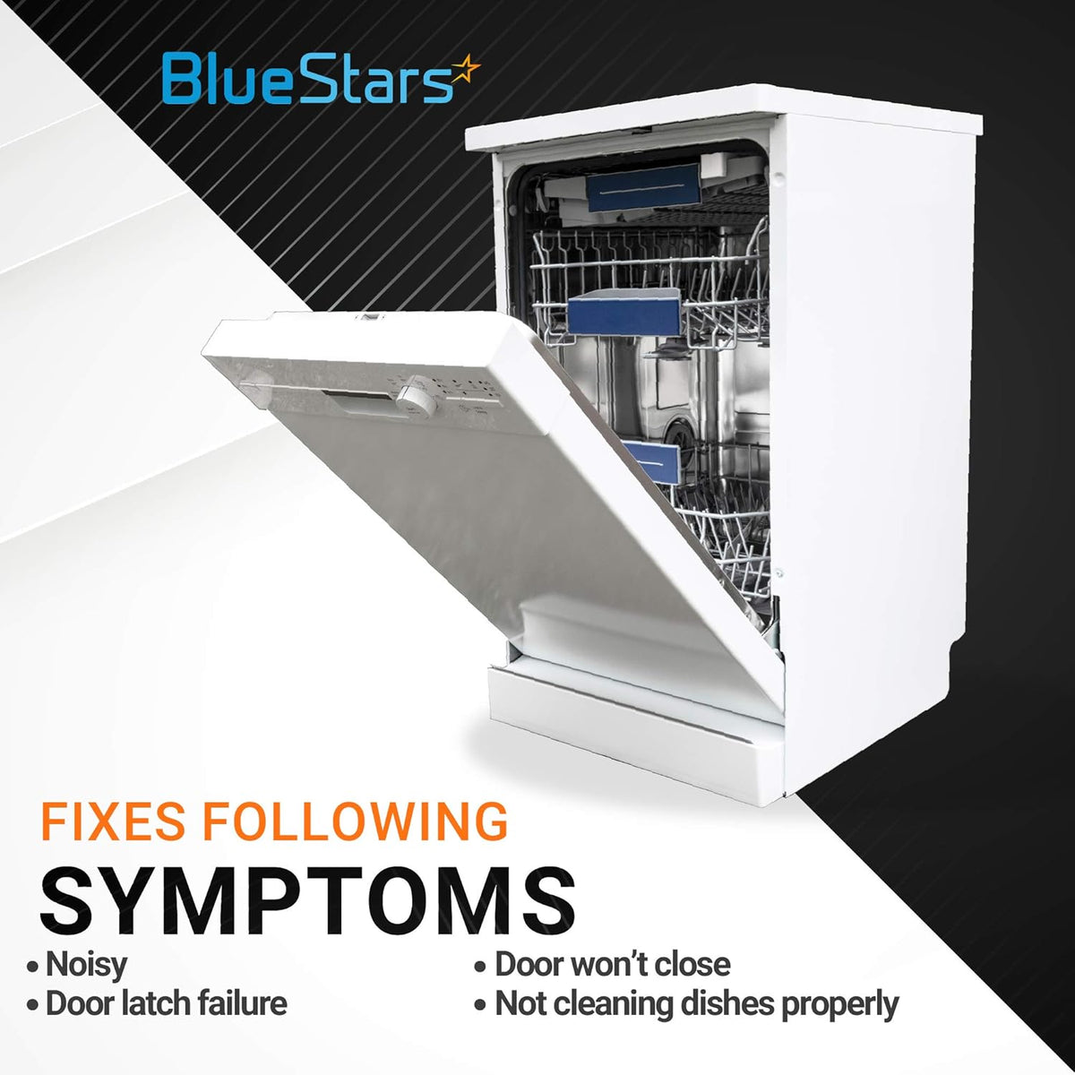 White dishwasher with open door illustrating common repair symptoms for GE dishwasher parts.