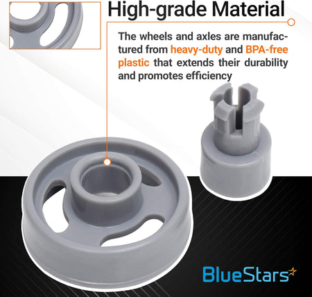 Infographic showing durable plastic construction of WD12X10231 dishwasher lower rack wheel and stud components.
