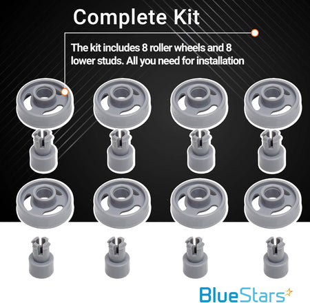Complete kit of 8 dishwasher lower rack wheels and 8 mounting studs for GE dishwashers.