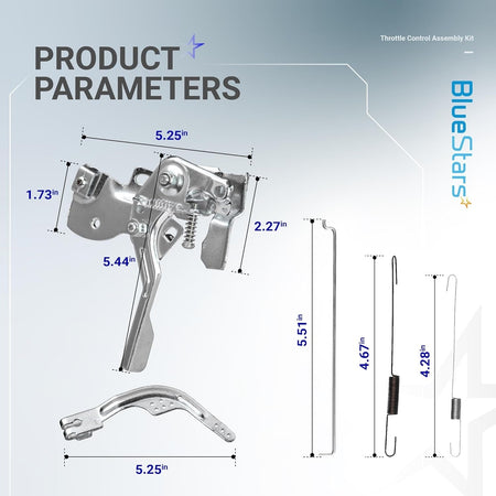Technical diagram showing dimensions for 212cc throttle control kit components including assembly, springs, and rods.