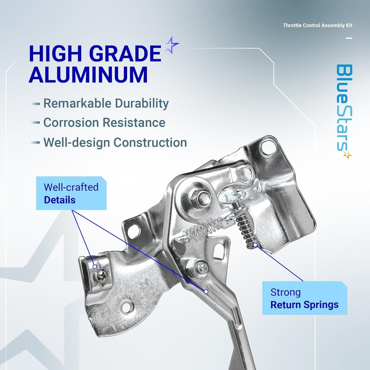 Aluminum throttle control assembly for 212cc engine with detailed view of return springs and mounting bracket.