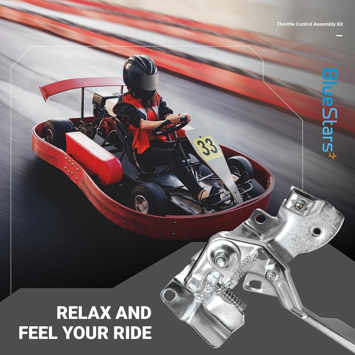Metal throttle control assembly bracket for 212cc engines shown in a promotional graphic.