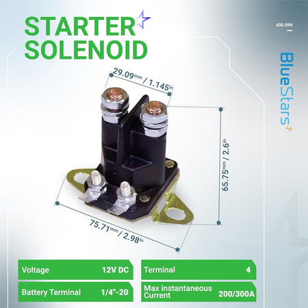 435-099 starter solenoid for Ariens with labeled dimensions and technical specifications.