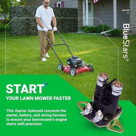 435-099 starter solenoid for Ariens lawn mowers shown in a lifestyle graphic with a man mowing the lawn.
