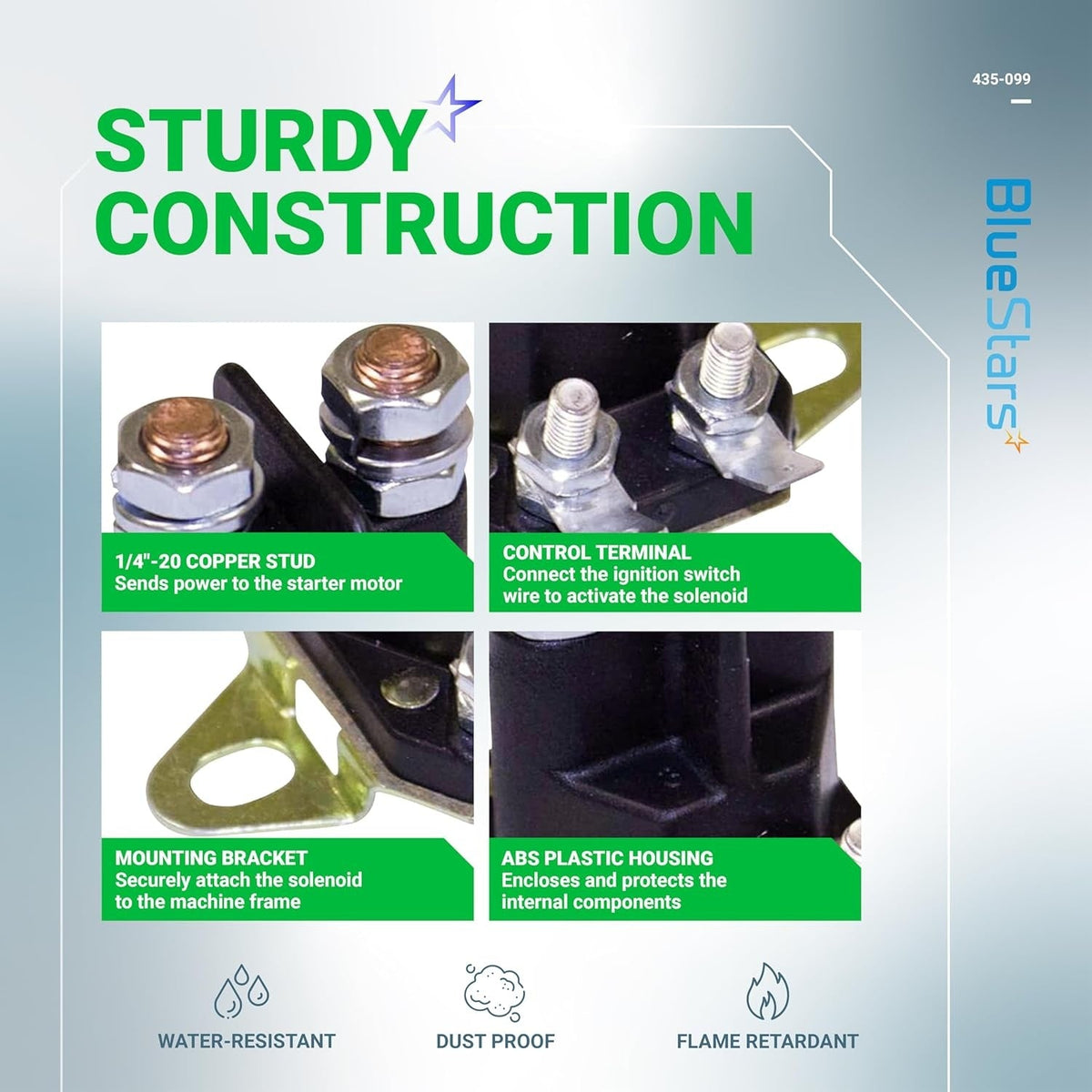 Infographic showing construction features of 435-099 starter solenoid including copper studs, terminals, and housing.