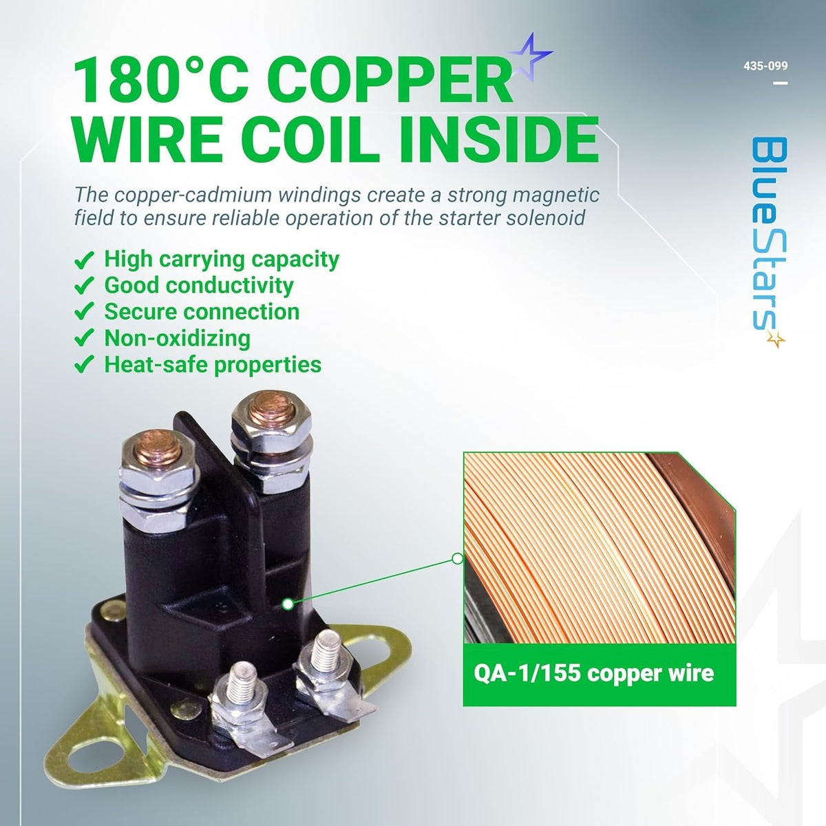 435-099 starter solenoid showing internal 180°C copper wire coil construction for high conductivity and heat resistance.