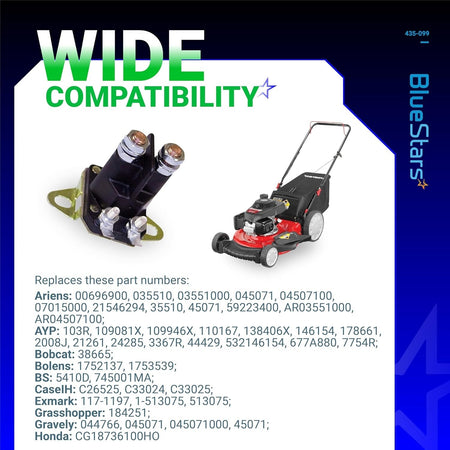 435-099 starter solenoid replacement part with wide compatibility chart and lawn mower illustration.