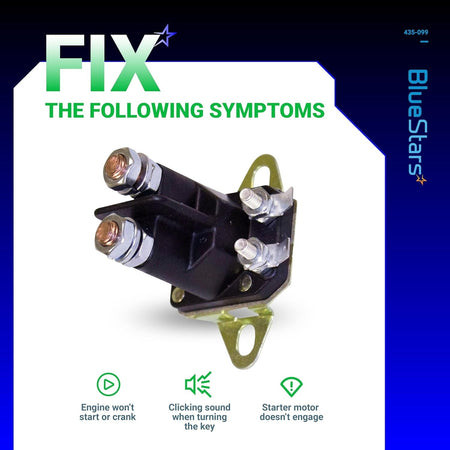 435-099 starter solenoid for Ariens equipment, showing symptoms of engine starting issues and clicking sounds.