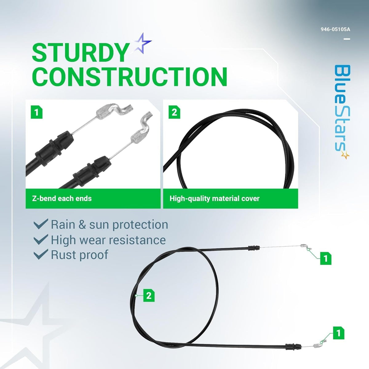 946-05105A lawn mower clutch control cable showing Z-bend ends and durable protective casing construction details.
