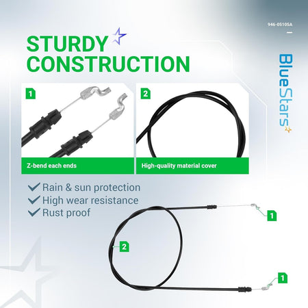 946-05105A lawn mower clutch control cable showing Z-bend ends and durable protective casing construction details.