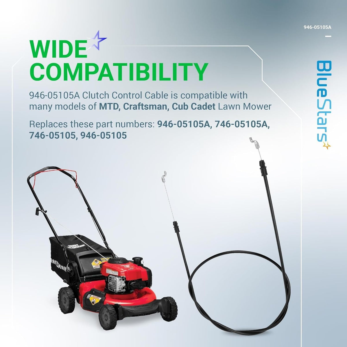 946-05105A clutch control cable for MTD, Craftsman, and Cub Cadet lawn mowers with compatibility information graphic.