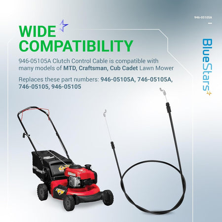 946-05105A clutch control cable for MTD, Craftsman, and Cub Cadet lawn mowers with compatibility information graphic.