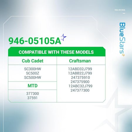 Compatibility chart for 946-05105A clutch control cable listing Cub Cadet, MTD, and Craftsman lawn mower models.