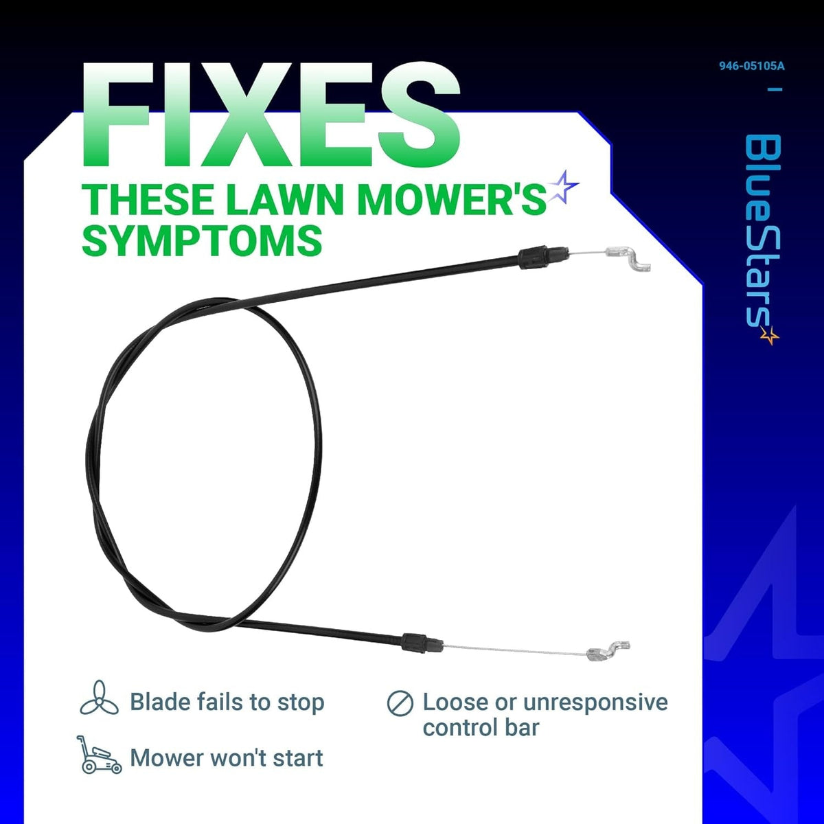 946-05105A clutch control cable for Cub Cadet, MTD, and Craftsman lawn mowers showing common repair symptoms.