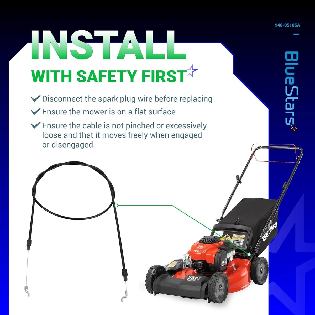 Installation guide for 946-05105A clutch control cable showing mower placement and safety tips.