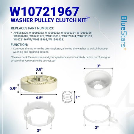 W10721967 washer pulley clutch kit components with dimensions and replacement part information infographic.