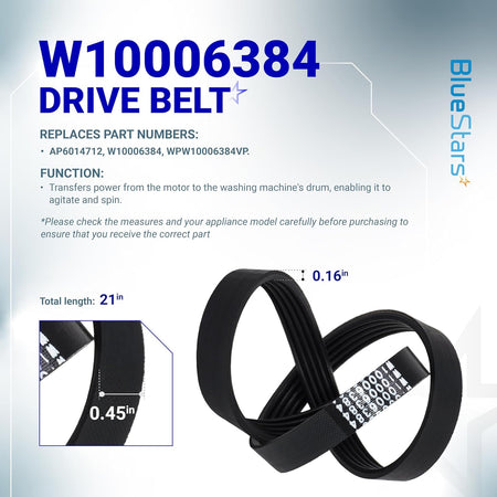 W10006384 washer drive belt with technical specifications and dimensions for Whirlpool, Kenmore, and Maytag appliances.