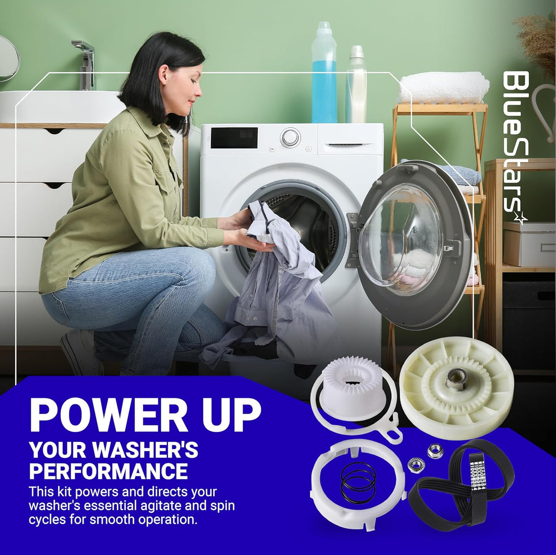 W10721967 washer pulley clutch kit and W10006384 drive belt components for Whirlpool, Kenmore, and Maytag washers.