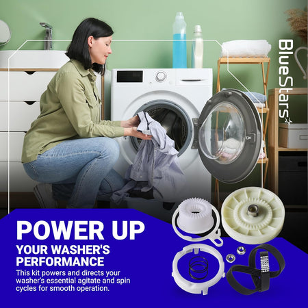 W10721967 washer pulley clutch kit and W10006384 drive belt components for Whirlpool, Kenmore, and Maytag washers.
