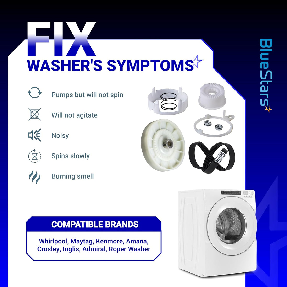 Infographic showing W10721967 washer pulley clutch kit and W10006384 drive belt symptoms and compatibility.