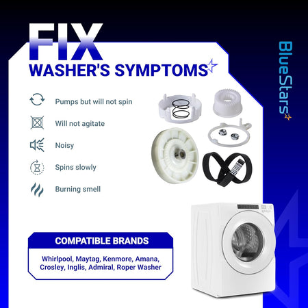 Infographic showing W10721967 washer pulley clutch kit and W10006384 drive belt symptoms and compatibility.
