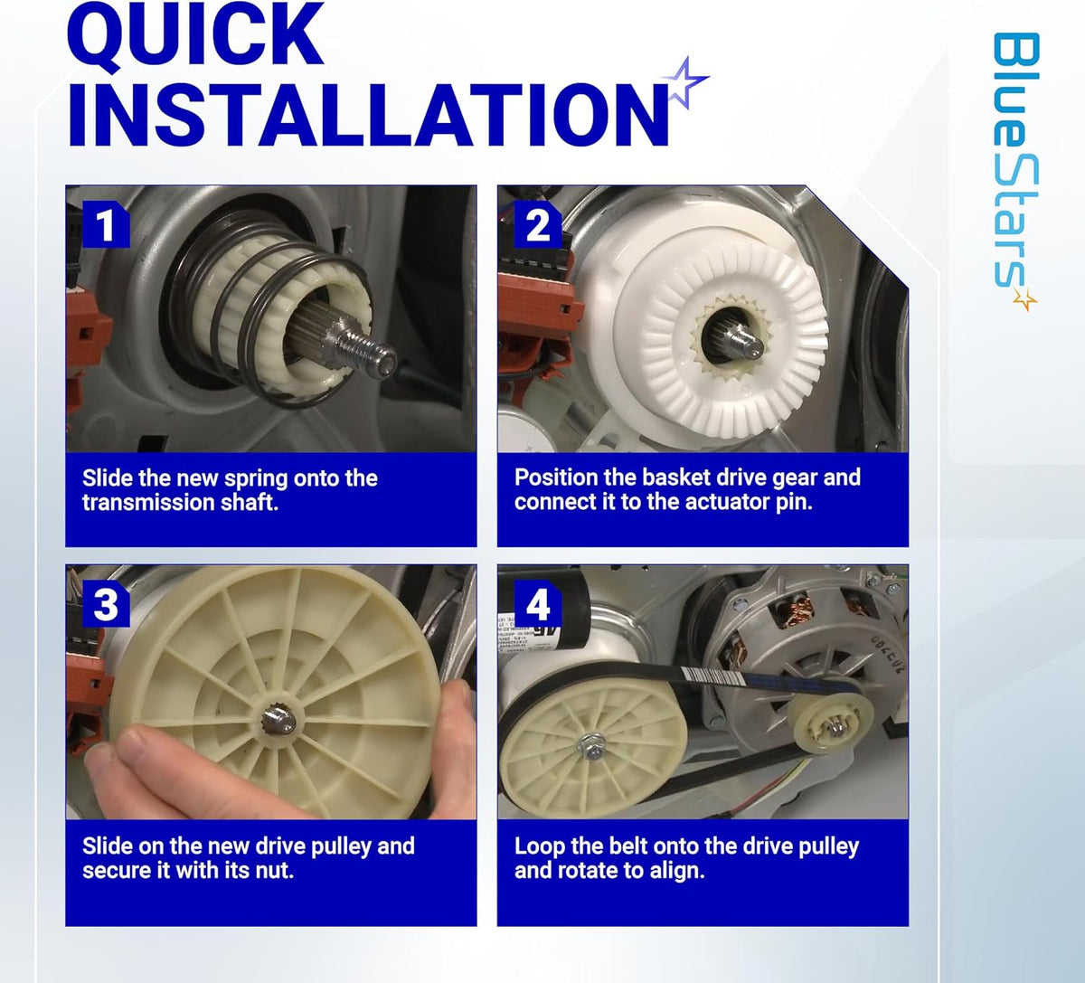 Four-step installation guide for W10721967 washer pulley clutch kit and drive belt on Whirlpool and Kenmore washers.