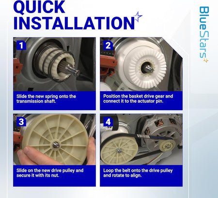 Four-step installation guide for W10721967 washer pulley clutch kit and drive belt on Whirlpool and Kenmore washers.