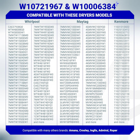 Compatibility chart for W10721967 washer pulley clutch kit and W10006384 drive belt listing Whirlpool, Maytag, Kenmore models